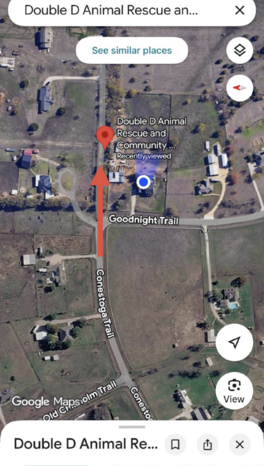 Map showing Double D Animal Rescue location on Goodnight Trail